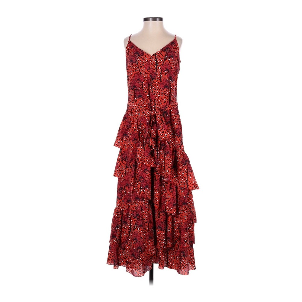 Borgo De Nor Tiered Ruffle Midi Dress 6 Red Leopard Floral Belted V-Neck Party